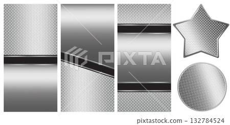 Set of silver-gray metal surface featuring a 3D chrome polish and shiny diamond plate pattern. 132784524
