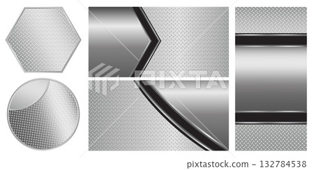 Set of silver gray metal backgrounds and elements, 3D polished chrome metallic and shiny diamond plate texture, vector illustration 132784538