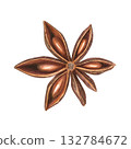 Aromatic single dried star anise watercolor illustration on isolated background. Top view. Badian pod baking Asian seasoning for cooking winter recipes, menu, spice stores, Christmas drinks. 132784672