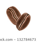 Watercolor two roasted Arabica coffee beans illustration on isolated background. Realistic hand drawn aromatic brown seeds. Organic raw ingredient for cafe setting or coffee product promotion. 132784673