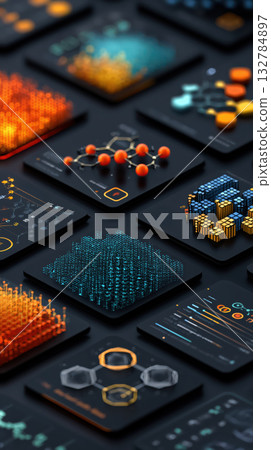 Quantum computing visualization, futuristic data interface, digital grid, molecular structure, glowing neon, technology innovation Quantum computing visualization, futuristic data interface, digital grid, molecular structure, glowing neon, technology innovation 132784897