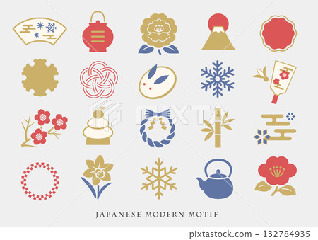 現代日本冬季圖案(雪兔、鏡餅、水仙花、吉祥物) 現代日本冬季圖案(雪兔、鏡餅、水仙花、吉祥物) 132784935