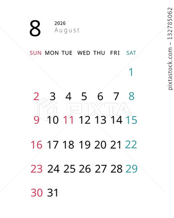 2026年8月星期日開始的令和8年日曆資料 2026年8月星期日開始的令和8年日曆資料 132785062
