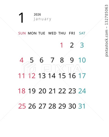 2026年1月星期日開始的令和8年日曆資料 132785063