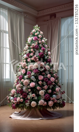 A decorated christmas tree with pink and white flowers in a room 132785256