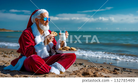 A man in a santa suit sitting on the beach eating cookies and drinking milk 132785409