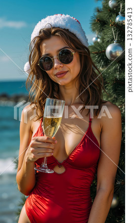 A woman in a red swimsuit holding a glass of champagne 132785413