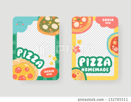 Photo frame border : Pizza-themed photo frame border template in cute cartoon flat style. Perfect for food promotion, restaurant social media posts, and creative digital design projects. 132785511