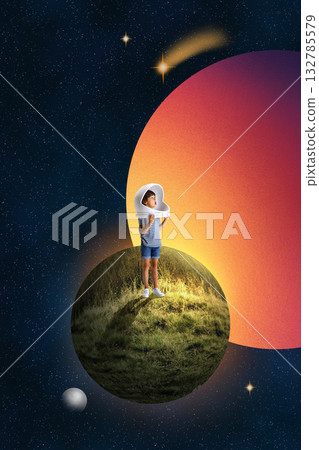 Surreal collage art. Boy in striped shirt standing on small planet looking at giant glowing sphere Surreal collage art. Boy in striped shirt standing on small planet looking at giant glowing sphere 132785579