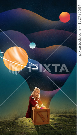 Surreal collage art. Blonde girl opening glowing box releasing planets and stars into cosmic sky Surreal collage art. Blonde girl opening glowing box releasing planets and stars into cosmic sky 132785594