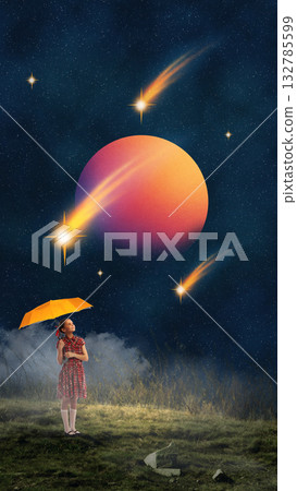 Graphic composition. Girl with yellow umbrella watching glowing planets and stars at night Graphic composition. Girl with yellow umbrella watching glowing planets and stars at night 132785599