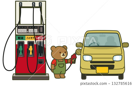 An illustration of a cute bear refueling a minicar at a gas station (working bear, car life, everyday scene) 132785616