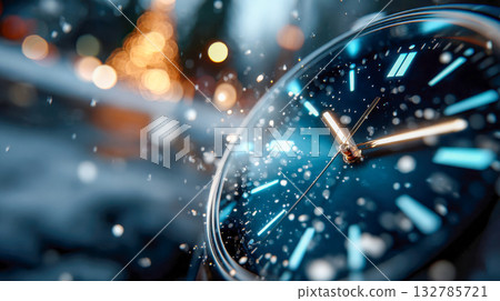 Close-up of a wristwatch in falling snow with festive bokeh lights, representing time, celebration, and the arrival of the new year Close-up of a wristwatch in falling snow with festive bokeh lights, representing time, celebration, and the arrival of the new year 132785721