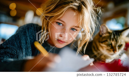 Blonde girl writing beside a curious cat in cozy warm light, showing creativity and companionship 132785724