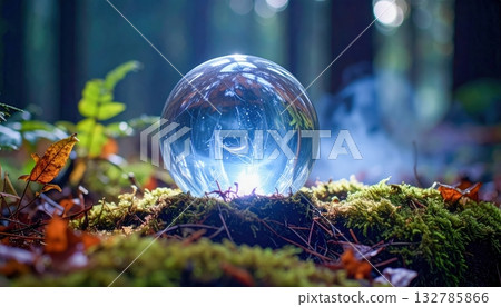 Crystal ball resting on forest moss, glowing with magical aura in misty outdoor setting, artistic mystical composition representing supernatural mystery, spiritual atmosphere, and fantasy symbolism. 132785866