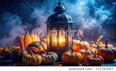 Lantern glowing among pumpkins and smoky mist, atmospheric Halloween still life with autumn decorations, mysterious light, rustic seasonal composition symbolizing spooky celebration and cozy ambiance. 132785867