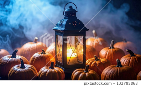Lanterns glowing bright surrounded by pumpkins in smoky mystical haze, seasonal Halloween still life composition full of rustic festive charm, magical ritual atmosphere of autumn harvest celebration. 132785868