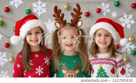 Christmas portrait of three smiling girls in festive sweaters and Santa hats standing in front of holiday decorations. Joyful winter moment. Christmas portrait of three smiling girls in festive sweaters and Santa hats standing in front of holiday decorations. Joyful winter moment. 132785930