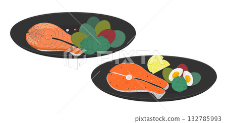Salmon Steak Various Healthy Eating Presentations on Dark Plate Sticker Icon Minimal Flat design Set Salmon Steak Various Healthy Eating Presentations on Dark Plate Sticker Icon Minimal Flat design Set 132785993