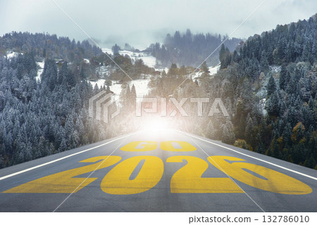 Straight road leading into snowy forest mountains with large text GO 2026. Perfect for business strategy, achievement, planning, and creative projects about new beginnings and opportunities. 132786010
