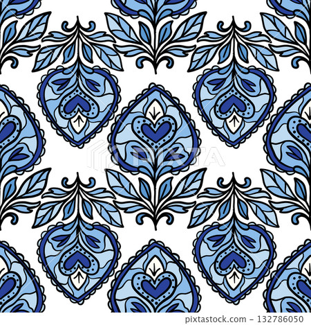 Seamless buta heart floral pattern in blue Seamless buta heart floral pattern in blue 132786050