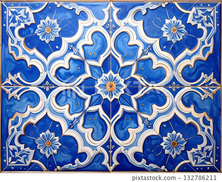 Premium material. Texture of ceramic tile in oriental style in blue tones. Design mockup for bathroom interior. Decoration background. Geometric pattern. 132786211