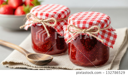 Jars of homemade strawberry jam with checkered lids on a rustic table, accompanied by a wooden spoon and fresh strawberries in the background 132786529