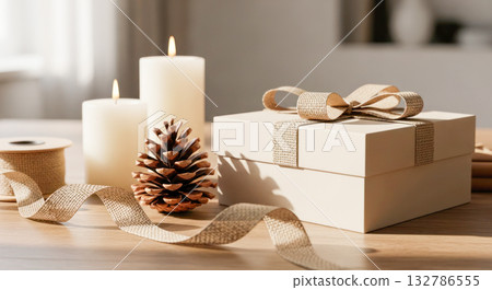 Elegant gift box with ribbon, surrounded by candles and pinecones, creating a warm and festive atmosphere for holiday celebrations 132786555