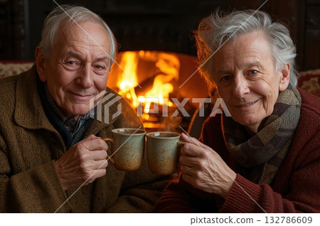 Elderly friends toasting mulled wine by the fire in warm golden light 132786609