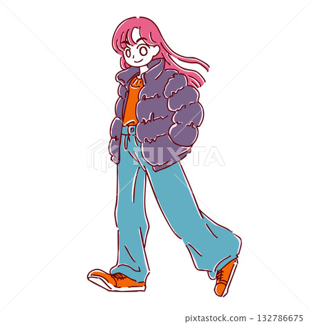 簡單可愛的手繪插畫素材，描繪了一個穿著秋裝的女孩。 132786675