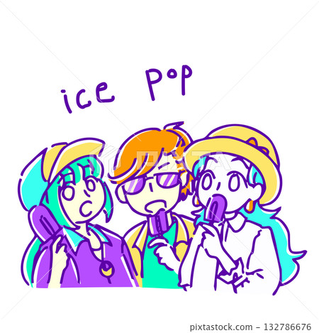 簡單可愛的手繪插畫素材，描繪了穿著夏裝的女孩們在吃冰淇淋。 132786676