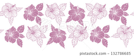 Purple hibiscus floral frame with outline and filled flowers. Floral seamless border. 132786685