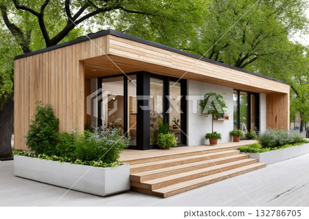 Modern prefabricated tiny house with wooden terrace and flower boxes surrounded by green trees 132786705