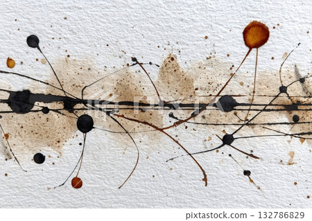 Abstract painting with coffee and ink splattering on textured paper 132786829