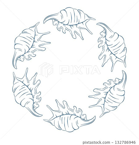 Seashell border frame with murex shell arranged in circle in line art style. Ocean or marine life illustration for greeting card, banner, poster design. Seashell border frame with murex shell arranged in circle in line art style. Ocean or marine life illustration for greeting card, banner, poster design. 132786946