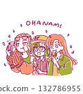 Simple and cute hand-drawn illustration of girls in spring outfits enjoying cherry blossom viewing 132786955