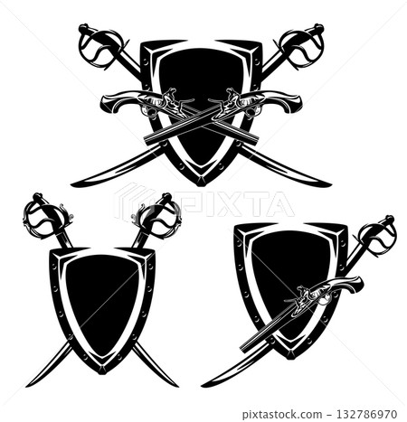 pirate adventure vector coat of arms emblem with crossed pistols, sabre swords and heraldic shield 132786970