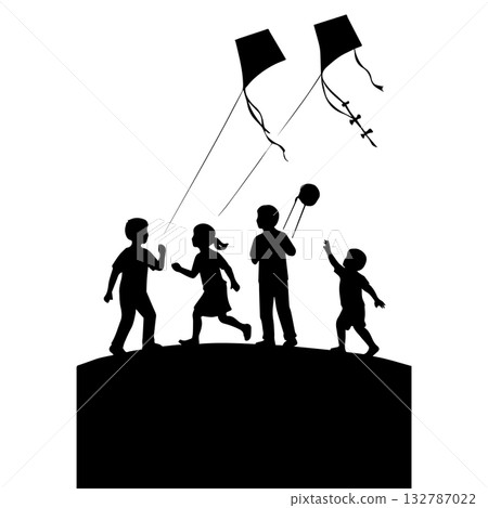 children flying kites silhouette kids playing outdoors isolated on white background children flying kites silhouette kids playing outdoors isolated on white background 132787022