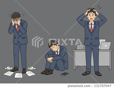 A businessman working overtime at the office and holding his head 132787047