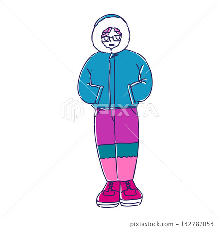 簡單可愛的插畫素材，適合穿著冬裝的女孩。 132787053