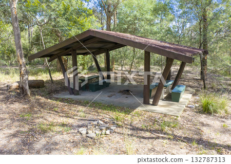 An old wooden picnic shelter in a forest in the Blue Mountains 132787313