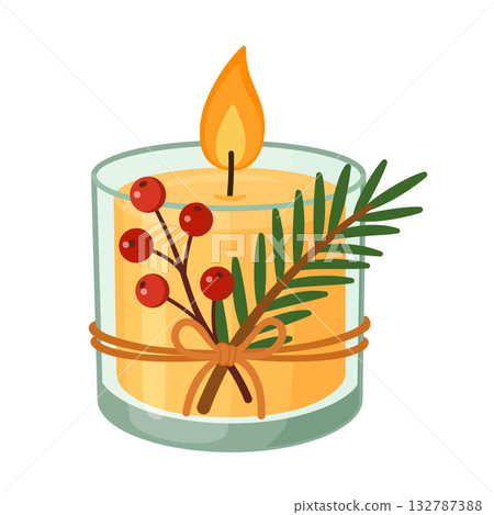 Burning candle. Yellow candle in glasswith with spruce branch and red berries. flat style isolated. 132787388