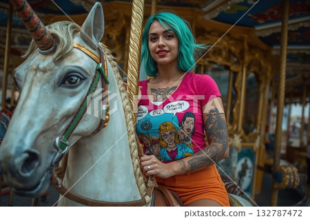 Spirited woman with neon-azure hair rides Colmar carousel unicorn in dazzling eccentric grace 132787472