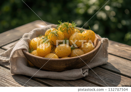 Sunlit rustic potatoes glisten with golden butter and dill in serene Scandinavian summer setting 132787504