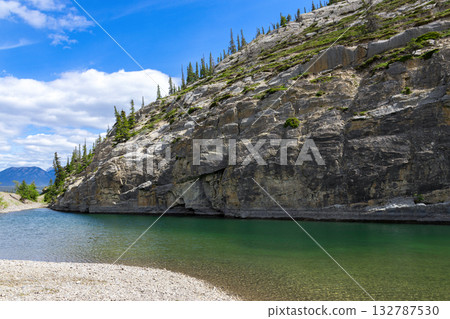 Scenic lake with clear green waters and the mountain with trees. Scenic lake with clear green waters and the mountain with trees. 132787530