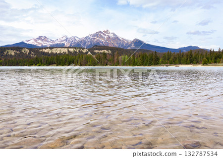 Scenic view to cyan cold waters of the mountain lake. Scenic view to cyan cold waters of the mountain lake. 132787534