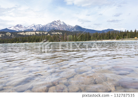 Scenic view to cyan cold waters of the mountain lake. Scenic view to cyan cold waters of the mountain lake. 132787535
