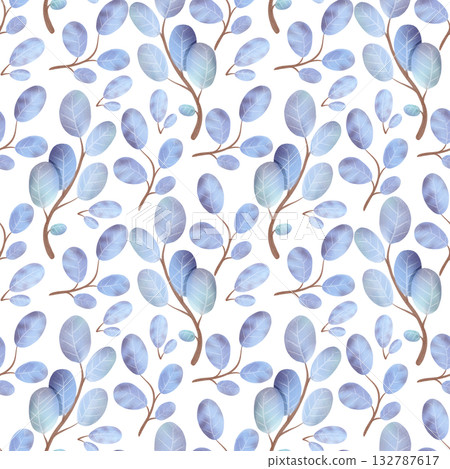 Seamless pattern with a branch of winter leaves in a watercolor style. Hand-drawn illustration. Plants in blue. 132787617