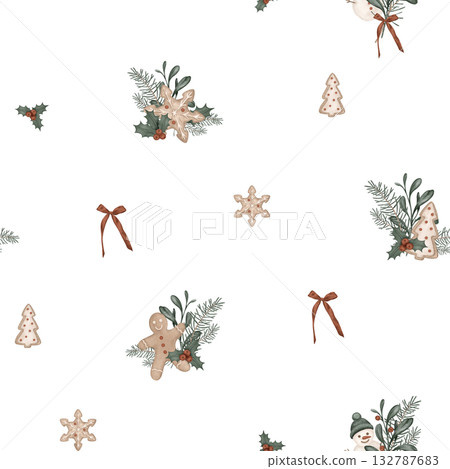 Christmas seamless pattern with pine branches, for tree, bow. Repeat ornament with illustration holly and red berries and sweet cookie gingerbread and snowman. 132787683