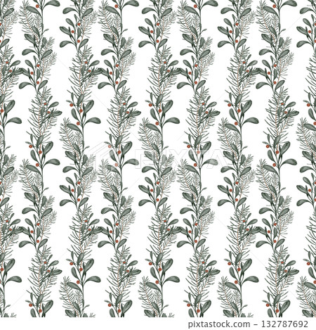 Seamless pattern with watercolor Christmas tree branches and red berry of ilex or holly. Hand painted illustration on isolated beige background. Seamless banner garland for christmas and new year. 132787692